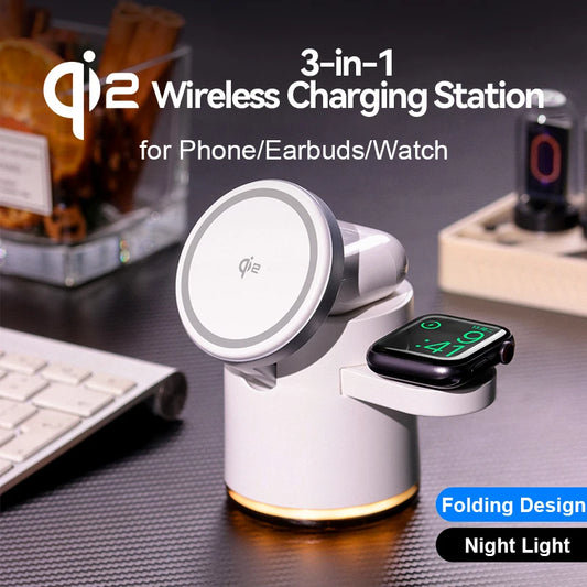 NEW QI2 3-IN-1 WIRELESS CHARGER | FAST CHARGING STATION WITH FOLDING STAND FOR IPHONE 16/15/14 PRO MAX, AIRPODS, AND APPLE WATCH